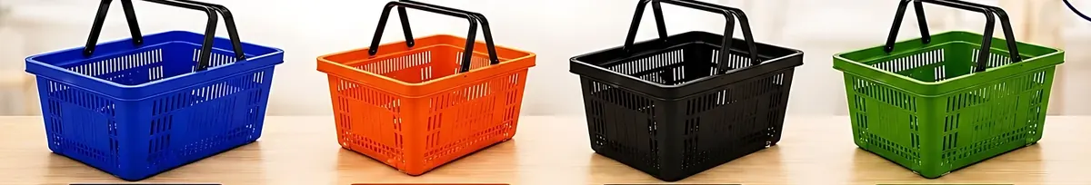 Handmade baskets in blue, orange, black and green